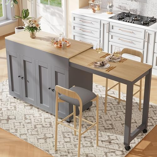 BTM Mobile Kitchen Island with Breakfast Bar, Extendable Bar Table Extending Dining Table with Storage for Dining Room, Gray