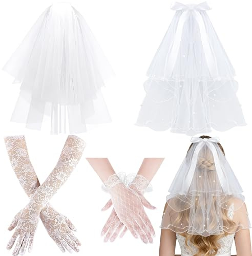 Velo de Novia Corto, 2 Piezas Velo Nupcial con Guantes, Suave Blanco Velos de Tul con Lazo y Horquillas Elegante Velos de Despedida Soltera Adorno para Mujer Boda Halloween