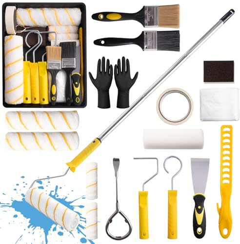 YYSWSAKY 20Pieza Juego de Rodillos, con 1.5M Extension Rod, Pintura de 9 4, Bandeja para Pintura, Brocha, Mezclador, Espátula, Guantes, Kit Pintura Pared, para Interior, Renovar, Techos y Puertas