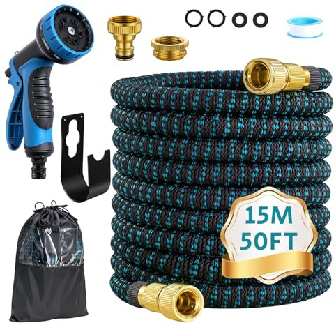 JINDANCL Tuyau d'Arrosage Extensible 15m, Métal Raccords-en Tuyau Arrosage Retractable avec Adaptateur 1/2’’ et 3/4’’, avec 10 Modèles de Pulvérisation, pour Jardin Irrigation Nettoyage Jardinage