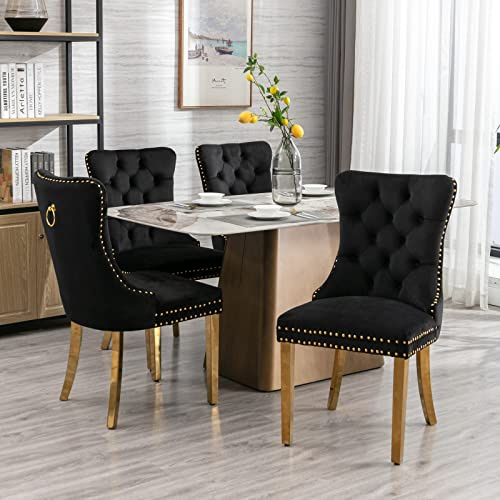 HomeTouch Set of 4 Luxury Kitchen Dining Chairs Velvet Upholstered Knocker Back Chairs with Gold Steel Legs for Dining Room, Home Office, Accent Chairs, Hand Made (4, Black Gold)