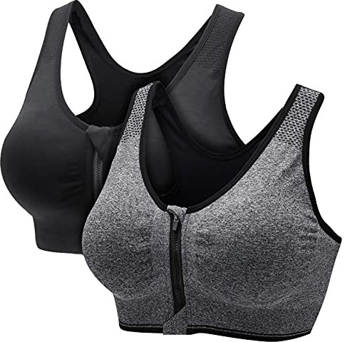 CARETOO Damen Sport BH Stark Halt Active Bra Höhe Beanspruchung Trainieren Bustier Fuer Yoga Fitness - Mit Reißverschluss Schwarz + Grau, M