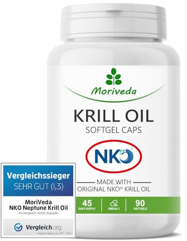 NKO® Capsule liquide di olio di krill - omega 3, 6, 9 di alta qualità - ricco di EPA e DHA - astaxantina, vitamina E, colina e fosfolipidi - cuore sistema immunitario memoria - 90 pezzi da MoriVeda