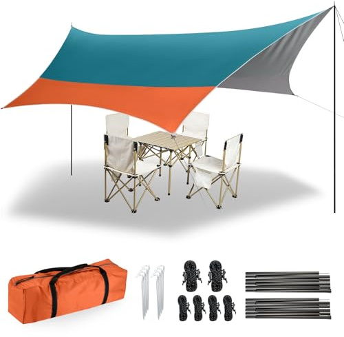 Forceatt 3.7 x 4.3m Tenda Parasole da Campeggio Tarp con 2 Pali, Tenda da Sole Telone Anti-UV(UPF50+) Impermeabile Può Essere Utilizzato con Auto,Tenda e Amaca per Escursioni, Giardino e Viaggi