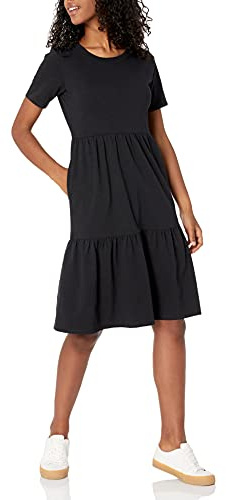 Amazon Essentials Robe à Volants à Manches Courtes et Col Rond Femme, Noir, S