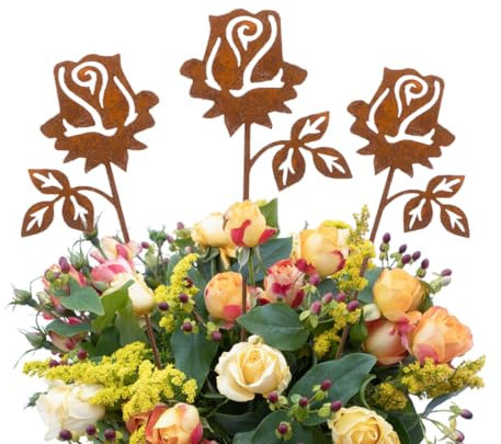 LB H&F Lilienburg 3er Set Rose Roststecker Blume Rostrose Liebe Gartenstecker Rostblume Gartenfigur Rost Metall (Rosen)
