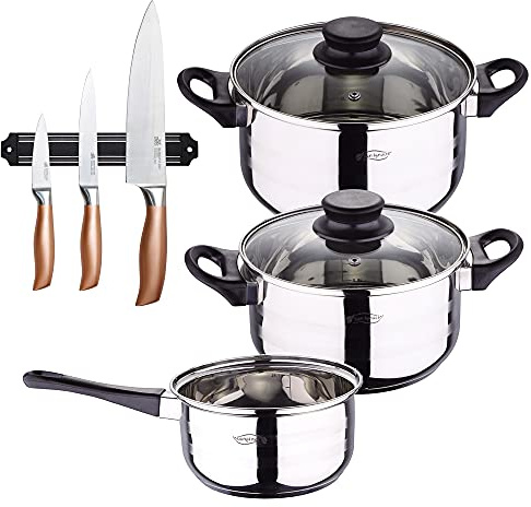 San Ignacio Bateria de cocina 5 piezas acero inoxidable con set de 3 cuchillos en acero inoxidable con barra magnetica aptas para induccion PK3208