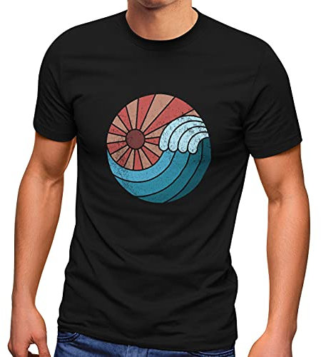 Neverless® Herren T-Shirt Welle Wave Sonne Sommer Retro Vintage Printshirt Fashion Streetstyle schwarz XL