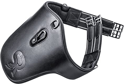 SUNRIDE stud girth made of genuine leather for horses (Hickstead), with D-ring (3x) and carabiner for auxiliary reins (135 cm, black)