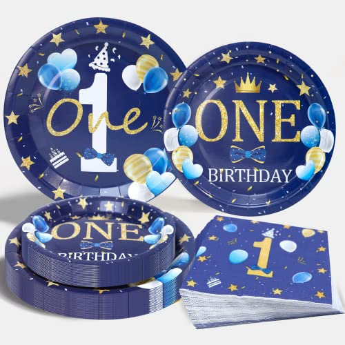 Juego de Platos de Papel de 1er Cumpleaños para Niños, 72 Piezas de Platos de Fiesta de Cumpleaños de Oro Azul ONE, Vajilla de Papel Azul Dorado para Niños, Suministros de Fiesta de 1er Cumpleaños