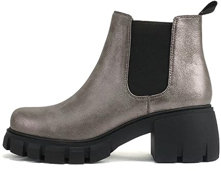 Soda PIONEER ~ Women Lug Sole Mid Heel Chelsea Fashion Ankle Bootie w/Double Elastic Gore (Pewter Metallic, numeric_8_point_5)