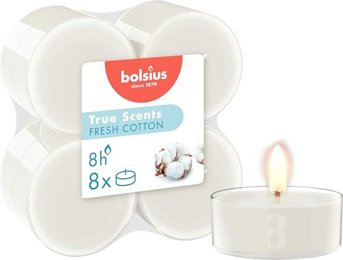 Bolsius True Scents Confezione da 8 Maxi candele tealight profumate, Cotone Fresco, Durata della combustione: 8 ore, Estratti naturali, Cera vegana, Senza olio di palma