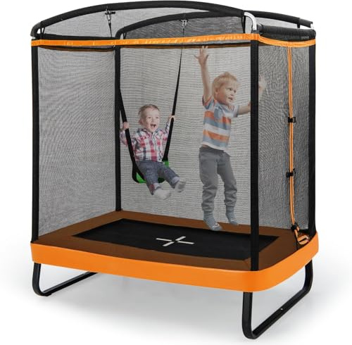 COSTWAY Tappeto Elastico per Bambini da Esterno ed Interno, Trampolino Rettangolare 190CM con Altalena e Rete di Sicurezza per Bambini più di 3 Anni, Portata 100kg (Arancione)