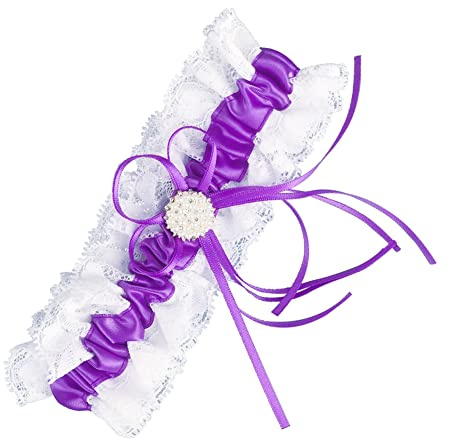 Rockreyoa Brudstrumpeband med pärlrosett spets brudstrumpeband vita volanger strumpband elastiskt bröllopsstrumpband satin rosett ben band för kvinnor brudgåva, brudaccessoarer lila