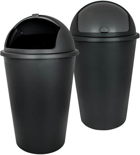 SUSTANIA 2er Set Abfalleimer Silver 50L mit schwarz Schiebedeckel Ø 25cm x H 68cm, Mülleimer groß aus Kunststoff für Küche und Büro – Müllbehälter geruchsdicht mit rundem Deckel, Made in EU