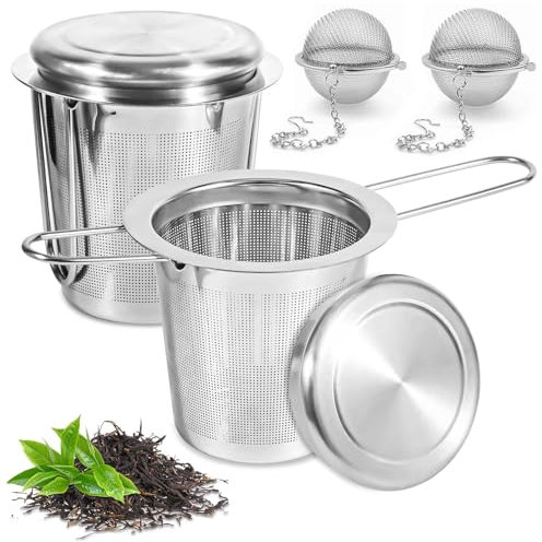 BUOAZR 4 Stück Teesieb, 2 Teefilter mit Faltbaren Griffen, 2 4.5 cm Tee-Ei mit Kette, 304 Edelstahl Teefilter für Losen Tee und Gewürze, 0.3mm Mesh, für die Meisten Tee Tassen und Tee Schalen