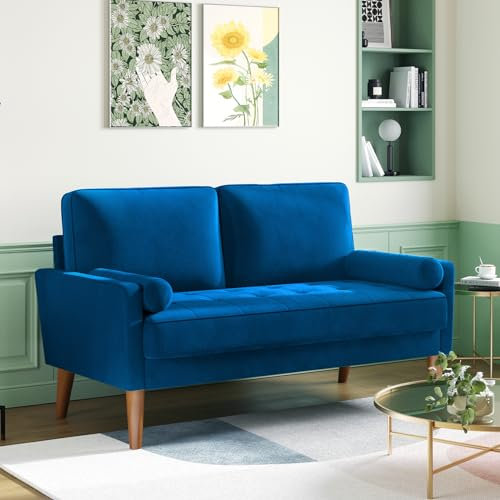 Meskanu Couch 2 Sitzer, 121 cm Samt Kleines Sofa mit 2 Wurfkissen, Modern Mini Sofa, Getuftetes Kleine Couch für Wohnzimmer/Schlafzimmer/Büro/Wohnung, Blau