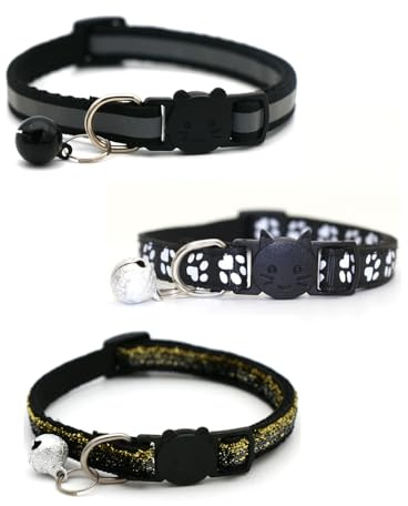 KGDUYC 3 PCS Collier Chat Anti Étranglement, Réglable Réfléchissant Collier pour Chat Chaton Chiot avec Clochette et Boucle de Sécurité, 19-32cm, Noir