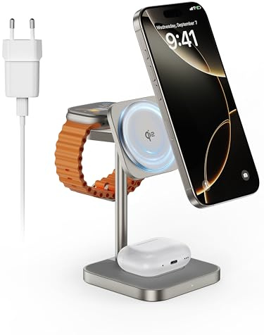 LULULOOK certificación Qi2 Estación de Carga para iPhone,mag-Safe 15W Soporte de Carga rápida para iPhone 17/16/15,5W para Apple Watch Magnetismo de aleación de Aluminio Soporte Nocturno para airpods
