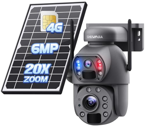 SHIWOJIA Camera Double Objectif Extérieur Solaire 4g, Zoom 20x, 2K 6MP Camera Exterieur sans Fil Solaire, Vision Nocturne Couleur, Détection Humaine PIR, IP66