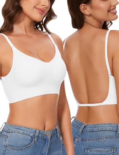 Kiiwah Sujetador Sin Espalda Baja Mujer, Invisible Sujetador Básico con Tirantes Convertible para Vestido y Boda (Blanco)