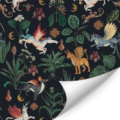 LHIUEM Fairytale Animals Wallpaper Mythical Forest Beasts Contact Paper(17.3X118in)Witchy Botanical Wall Paper Fly Wing Horse Lion Dragon Vinyl Wall Murals Dark Whimsical Wallpaper for Farmhouse Home