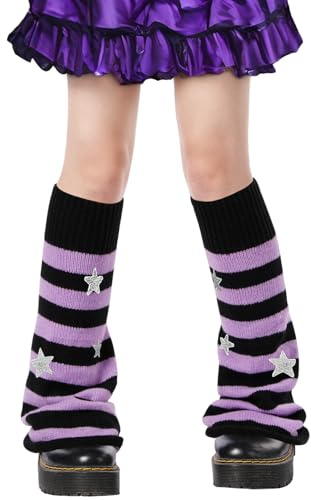 Moon Wood Scaldamuscoli per ragazze e donne Kawaii Harajuku svasati scaldamuscoli lavorati a maglia Goth Cute Lolita calzini, Stella nera e viola, One Size