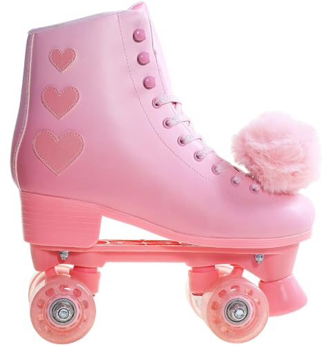 JetHok Roller Skates for Women, High Top PU Leather Rollerskates, Shiny Double-Row Four Pink Wheels Quad Skates for Girls and Age 8-50 Indoor Outdoor (Gradient Pink, US 7)