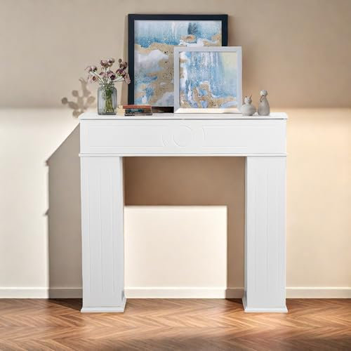 Bordure de cheminée décorative - Console de cheminée - Blanc - Avec espace de rangement - Étagère et 3 portes - Armoire décorative en bois - Pour salon, couloir et chambre à coucher - 107 x 18 x 100