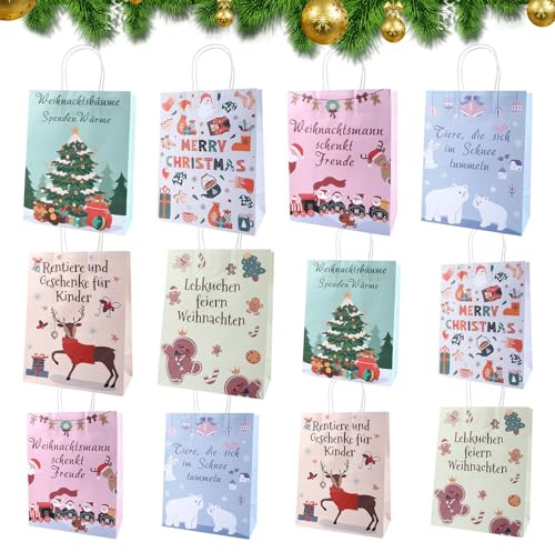 Joxessaien Bolsas de regalo de Navidad con asa – 12 bolsas de regalo de Navidad de papel coloridas con bonitos motivos para niños, fiestas, decoración y recuerdos