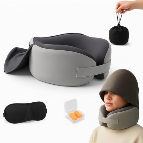 GUOMIS Cuscino da viaggio,Cuscino aereo,100% pura memory foam,con cappuccio, include maschera per dormire 3D e tappi per le orecchie, ideale per i viaggi (Grigio)