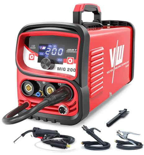 VECTOR WELDING Soldador de Hilo con Gas 200 A, Máquina de Soldar MIG MAG 3 en 1 MMA/MIG/Lift TIG, Soldaddora de Hilo Continuo sin Gas con Pantalla LED, IGBT