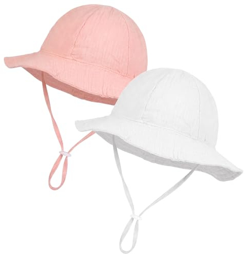 ViEinkaufen Baby Bucket Hat, Baby Cotton Sun Hat, Sun Protection Summer Beach Hat with Adjustable Chin Strap, Adjustable Bucket Hats for 0-12 Months Newborn Kids Girls Boys, Pink White