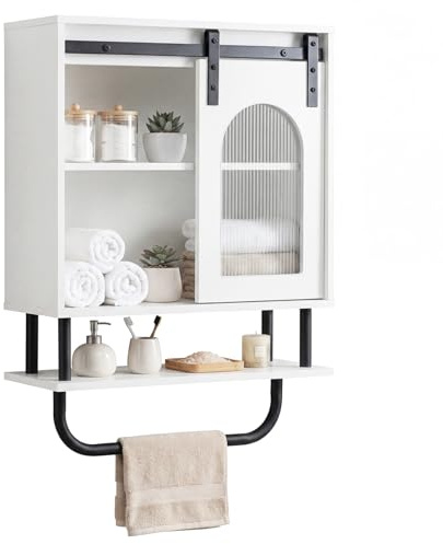 COSTWAY Armario de Pared para Baño de 3 Niveles, Mueble de Baño Colgar con Puerta Corredera de Cristal y Barra Metálica para Colgar, Organizador de Almacenamiento Suspendido para Cocina, Lavadero