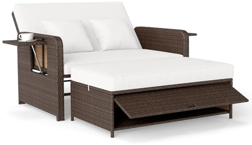 COSTWAY Rattansoffa, loungemöbel utomhus, trädgårdssoffa med liggfunktion, 2-sitsig trädgårdslounge med kuddar & sidobord, polyrattan trädgårdsmöbler, balkongmöbler liten balkong (Mix Brun-vit)