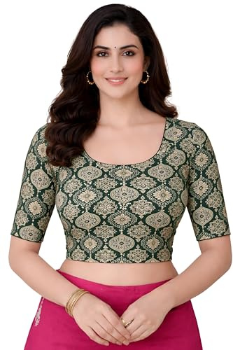Jaanvi fashion Women's Kalamkari Print Cotton Stretchable Round Neck Readymade Saree Blouse (Kalamkari-Blouse-soimoi-Bottle-Green-l)