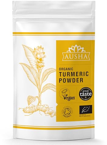 Ausha Organic Turmeric Powder 200g - UK Certified Organic by Soil Association - 1* Great Taste Award 2023- Use in Cooking, Turmeric Shot, Smoothies, Juices - High Curcumin - Tumeric Latte
