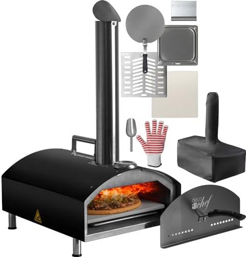 Deco Chef Outdoor Pizzaofen mit 2-in-1-Pizza- und Grillofen-Funktionalität, 13-Zoll-Pizzastein, tragbare Edelstahlkonstruktion, Pizzaschieber, Teigschaber, Schaufel, Schlitzgrill (Schwarz)