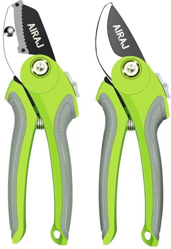 AIRAJ Secateur de jardin professionnel 2 Pièces,Sécateur de Contournement de 18 cm et Sécateur à Enclume,Lame Tranchante SK5,Pour l'élagage des Branches,Arbustes et Pétales de Rose, (Sécurité)