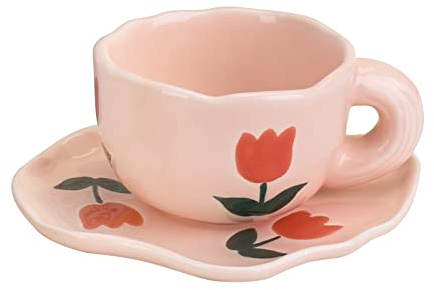 Koythin Tasse à café en céramique avec soucoupe, design irrégulier unique pour le bureau et la maison, passe au lave-vaisselle et au micro-ondes, 180 ml pour latte, thé, lait (tulipes roses)