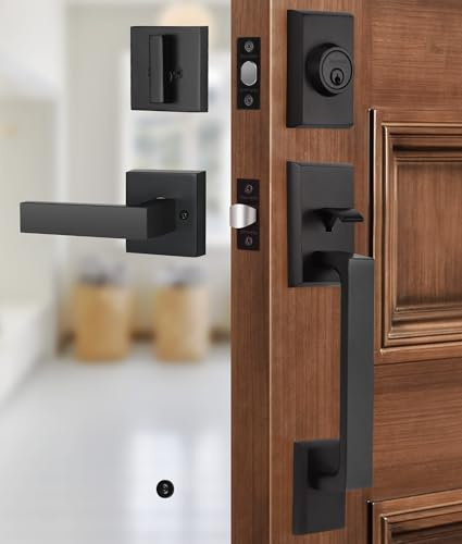 Gaurqiah Set di maniglie per porta d'ingresso e serratura a catenaccio, set di serrature per porte esterne con catenaccio singolo cilindro set reversibile per lato destro e sinistro, nero opaco