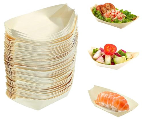 Aobuviou 50pcs Disposable Bamboo Boats for Food, Eco Friendly Boat Plates,Wooden Serving Boats Dishes,Sushi Boat Trays for BBQ,Party Garden Hot Dogs, Crepes, Salad, Chips,Fingerfood,17 x 8.5cm
