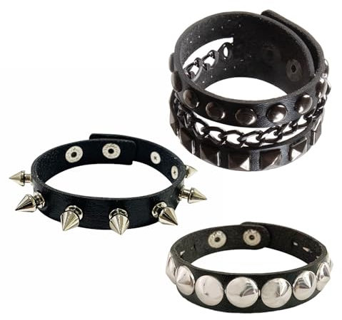 Pejlnd Lot de 3 bracelets punk en cuir noir clouté pour homme et femme – Bracelets gothiques à rivets style années 80 – Accessoires emo pour fête d'Halloween