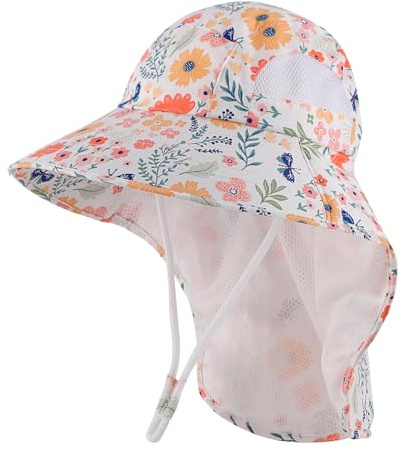 MK MATT KEELY Chapeau de Soleil Fille Réglable Large Bord Chapeau Bonnet de Plage d'été pour Enfants UPF 50+ avec Mentonnières Réglables,Fleur Blanc