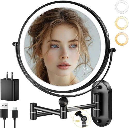 9 Wall Mounted Lighted Makeup Mirror,4000mAh Rechargeable Double Sided 1X/10X Magnifying Mirror with Light,3 Color Lights,Touch Dimmable,Extended Arm 360 Rotation Wall Mounted Makeup Mirror