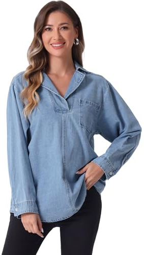 Allegra K Damblus Denim Tröja för Jeansblus Casual Långärmad med V-ringning och krage, Ljusblå, XL