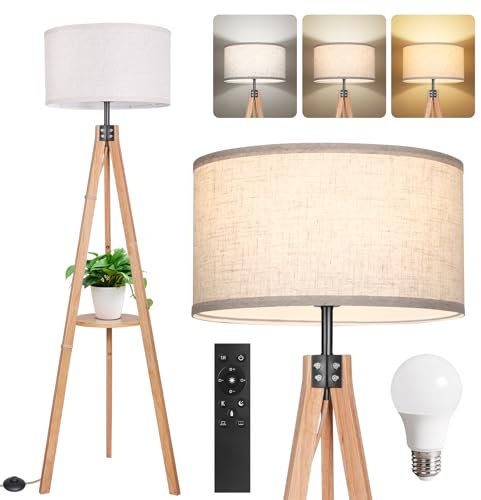 OUTON Wood Tripod Floor Lamp with Shelves, Standing Lamp with Fabric Lampshade, Dimmable & 3000K-6000K Adjustable Color Temperatures, Bulb Included, 1H Timer, for Living Room, Bedroom, Office,Wood