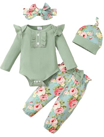 LUVCES Neonata Vestiti Bambina Manica Lunga Volant a Costine Pagliaccetto + Floreali Pantaloni + Fascia per Capelli + Cappello Set Abiti Autunnali 0-18 Mesi
