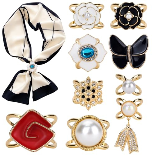 SITAKEGS Bufanda Clips, 9 Piezas Broche Pañuelo Chal Clip Hebilla Seda Bufandas Perla Floral Esmalte Bufanda Anillo, Camiseta Bufanda Broches Hebilla Elegante Diamante Cierre Metálico para Mujeres