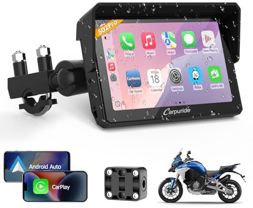 Carpuride W502PRO per CarPlay per Moto e Android Auto e Doppio Bluetooth - Navigazione GPS Impermeabile da 5 pollici per Moto, Condivisione di Musica, Interfono, EQ, Sensore di Luce, Bussola, Barometr